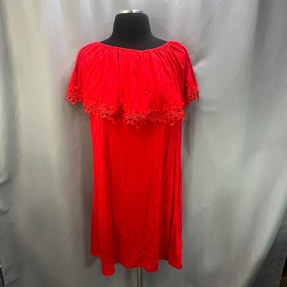 Neiman Marcus Off The Shoulder Dress Womens Medium Red Lace Trim Ruffle Party